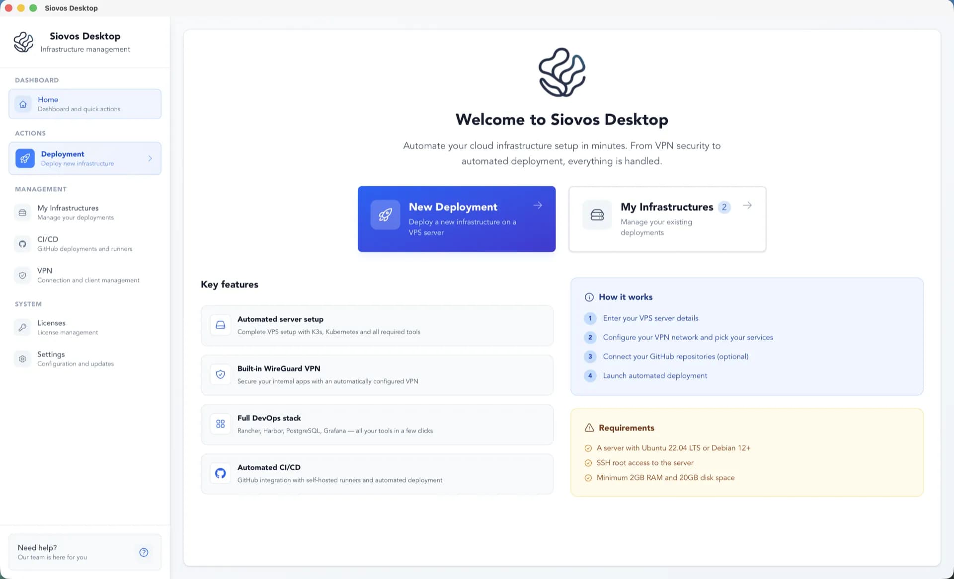 Siovos self-hosted infrastructure dashboard - K3s Kubernetes cluster, VPN and Harbor registry deployment interface
