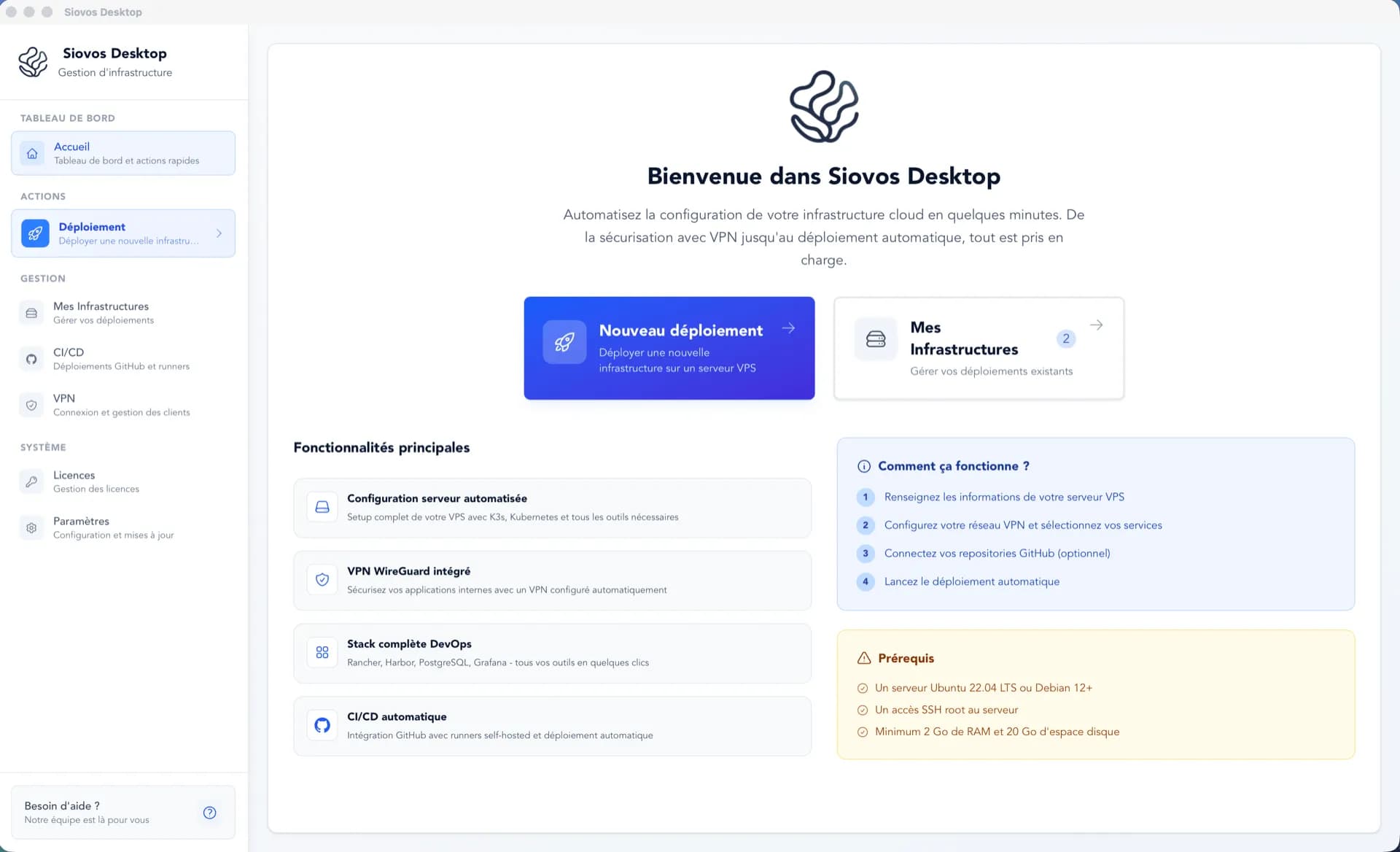 Siovos self-hosted infrastructure dashboard - K3s Kubernetes cluster, VPN and Harbor registry deployment interface
