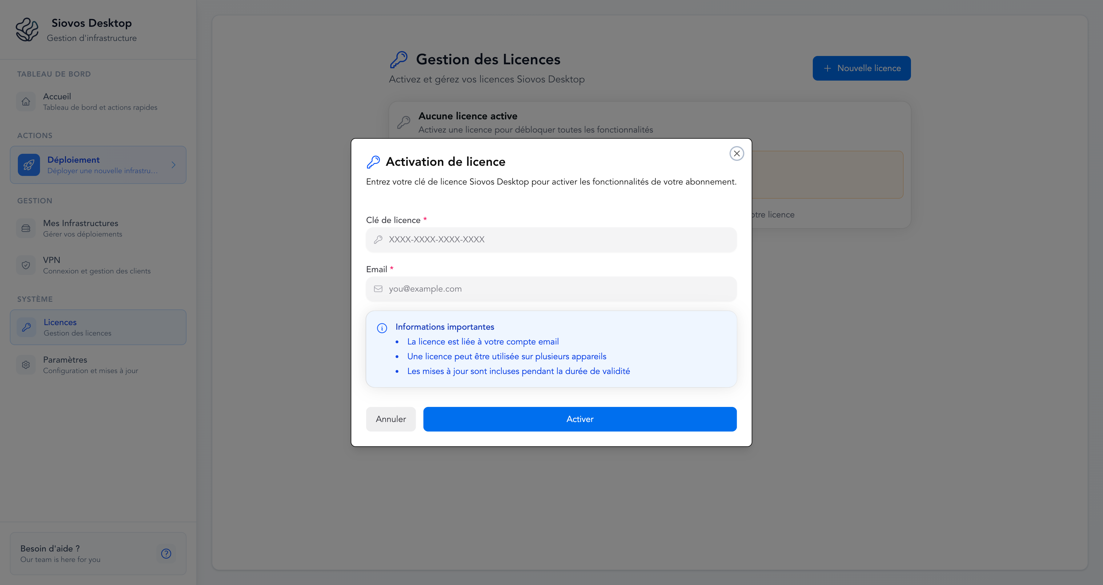 Dialog d'activation de licence
