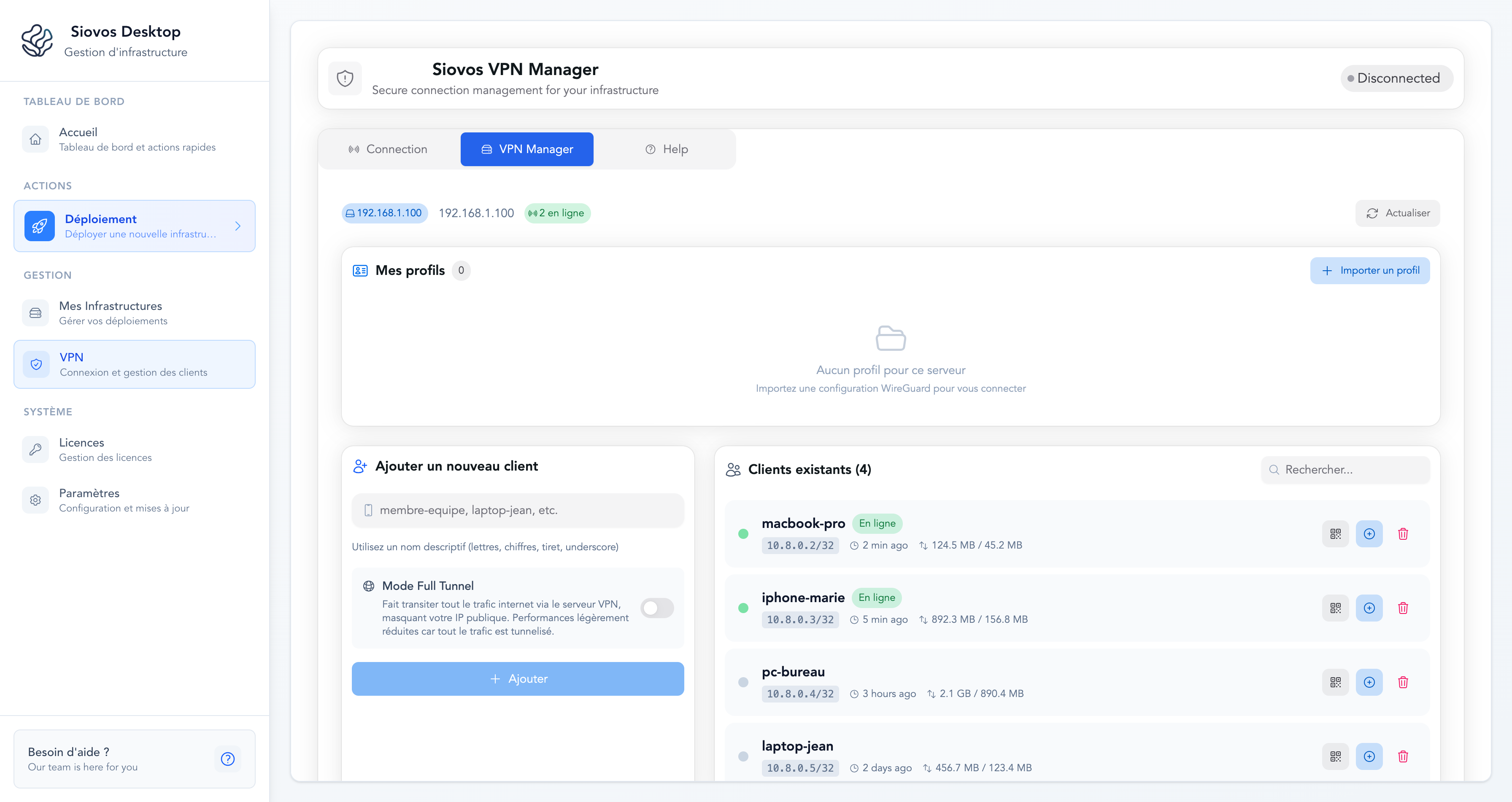 Interface de gestion des clients VPN